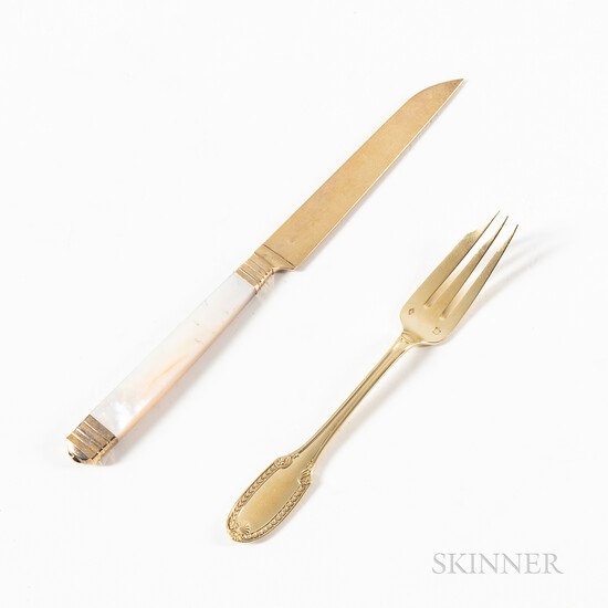 French Vermeil and Mother-of-pearl Knives and Vermeil Fruit Forks