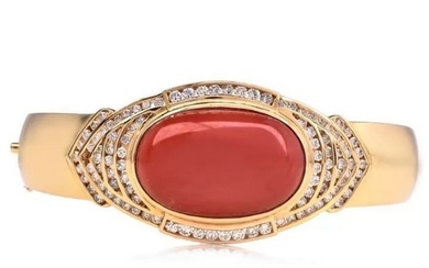 GIA Red Coral Diamond 18K Gold Statement Cuff Bracelet