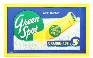 GREEN SPOT SINGLE-SIDED EMBOSSED TIN SIGN W/ EARLY BOTTLE GRAPHIC