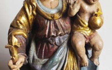 GROUPE en bois doré et polychromé représentant la Vierge à l’Enfant. XVIIIème siècle. H :...