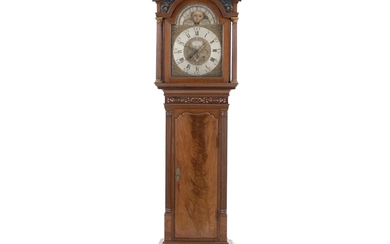 George III longcase clock in mahogany case, brass dial with pierced corner...