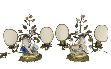 German Volkstedt pair of porcelain & bronze lamps