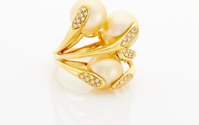Gold, Golden Cultured Pearl and Diamond Ring
