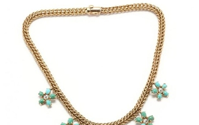 Gold, Turquoise, Pearl, and Diamond Necklace