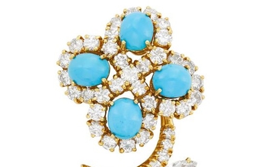 Gold, Turquoise and Diamond Flower Clip-Brooch