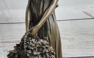 Gorgeous Woman with Flower Basket Original Bronze Sculpture Signed by Mario Nick - 15" x 6"