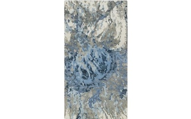 Gray and Blue, Abstract Design, Wool and Silk Hand Knotted Runner Rug