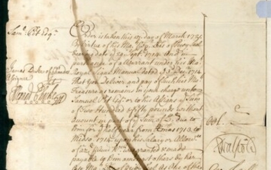 Great Britain Sir Robert Walpole 1721 (17 March) exchequer warrant to pay "Samuel Pit Esq." £25...