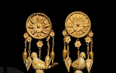 Greek Gold and Enamel Earrings with Birds and Flowers