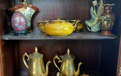 Group of brass tea pots and Asian items