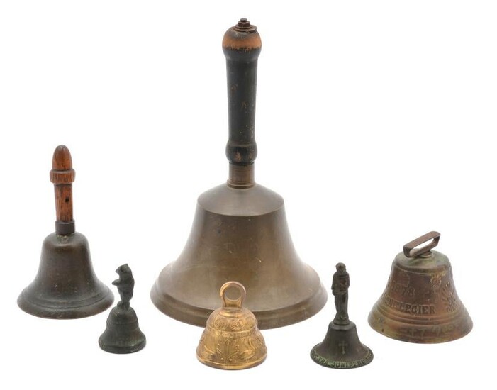 Grouping of 6 Handheld Bells. Tallest 11 1/4".