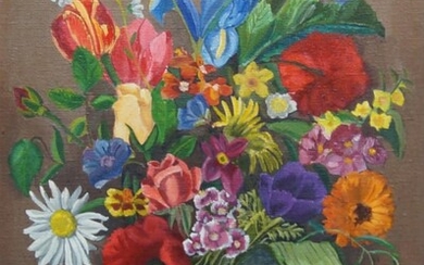 Guildford, British, early/mid-20th century- Still life with flowers; oil on canvas, signed lower right, bears inscribed label attached to the reverse, 41 x 30.5 cm