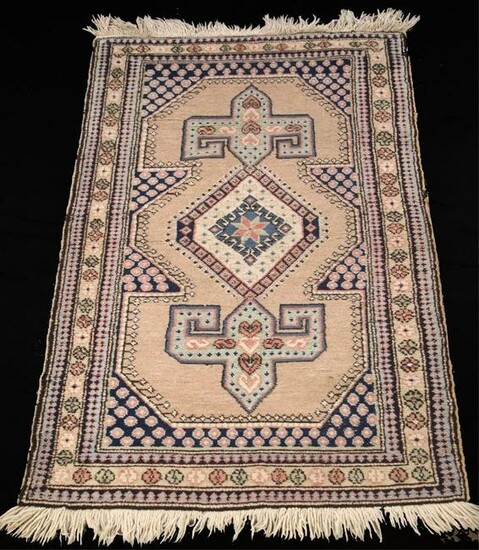 HAND KNOTTED PERSIAN TAN AND BLUE RUG