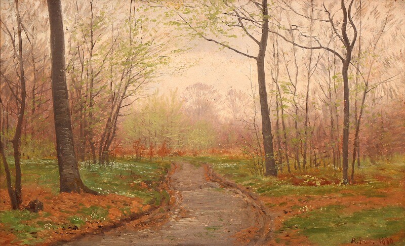 Hans Friis: A forest in spring. Signed and dated H. Friis 1880. Oil on paper laid on masonite. 22.5×35.5 cm.