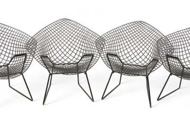 Harry Bertoia (American) Set of Four Black Diamond Patterned Arm Chairs, H 30.75" W 34" Depth 26"