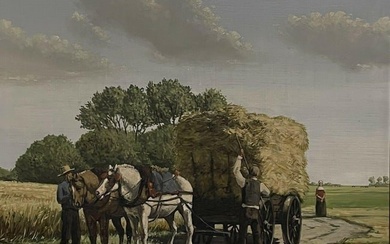 Harvest Scene Horses Pulling the Hay Cart home, rural oil painting, signed