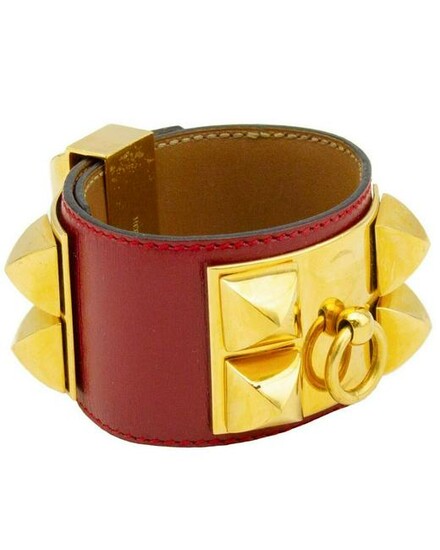 Hermes Red leather collier de chien bracelet cuff