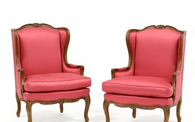 Hickory Chair, Pair of French Style Carved Bergeres