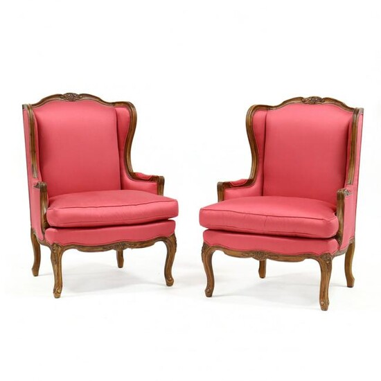 Hickory Chair, Pair of French Style Carved Bergeres