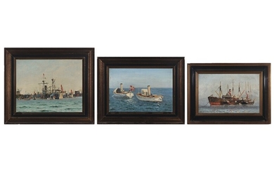 Holger Lübbers: “Damper ligger for anker”, “Danske orlogschalupper” and harbour scenery. Oil on canvas. 19×28, 20×29 and 24×30 cm. (3)