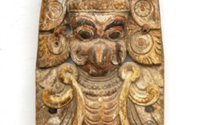 INDIA CARVED WOOD WITH PIGMENT, DEPICTING GARUDA 19TH.C. H 32" W 12"