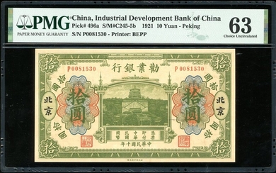 Industrial Development Bank of China, 10 yuan, 1921, Peking, serial number P0081530, (Pick 496a...