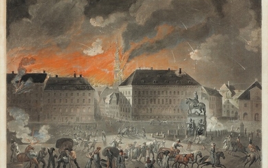 J. F. Clemens after C. A. Lorentzen: Scene from the British bombardment of Copenhagen in 1807. Handcoloured aquatint. Visible size 31.5×42.5 cm.