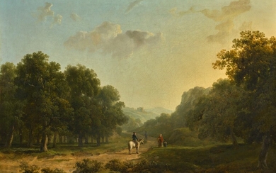 JAMES ARTHUR O'CONNOR | A WOODED LANDSCAPE WITH FIGURES ON A PATH AND RUINS ON A HILL IN THE DISTANCE