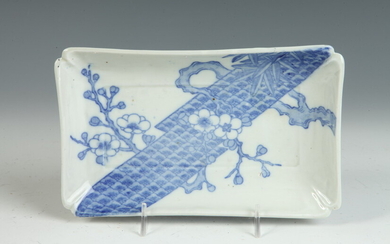 JAPANESE OBLONG PORCELAIN DISH WITH BLUE AND WHITE BLOSSOMING DOGWOOD...