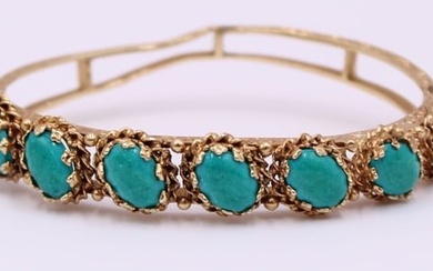 JEWELRY. 14kt Gold and Turquoise Hinged Bracelet.
