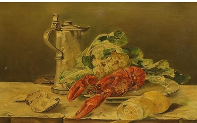 J.J. Dodgson, oil on canvas, Still life of lobsters and vess...