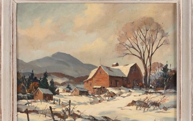 JOHN CUTHBERT HARE (Massachusetts/Florida, 1908-1978), Winter landscape with red barn., Oil on