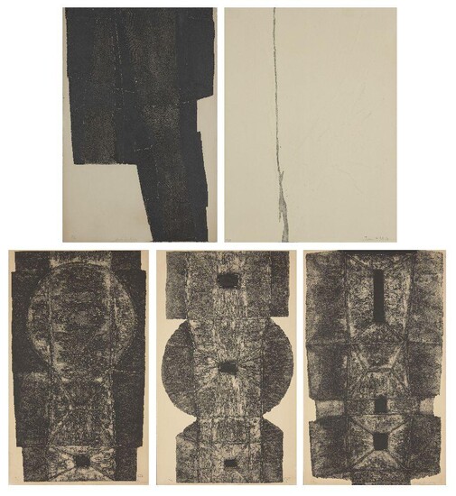 James Guitet, French 1925-2010- Untitled, 1961; etching with carborundum on wove, signed, dated and numbered 9/20 in pencil, sheet 36.6 x 57cm; together with four further carborundum prints on wove, each signed, dated and numbered in pencil...