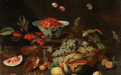 Jan van Kessel d.J., 1654 Antwerpen – 1708 Madrid, zug., STILLLEBEN MIT FRÜCHTEN, EICHHÖRNCHEN UND PAPAGEI