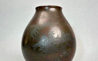 Japanese Bronze Vase with Incised Bamboo Rock Scene, Meiji Period