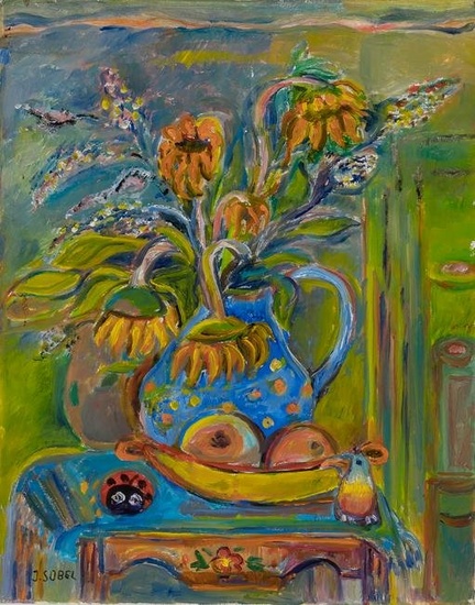 Jehudith Sobel Polish, 1924-2012 Still Life with Flowers, Fruits, a Ladybug and a Bird