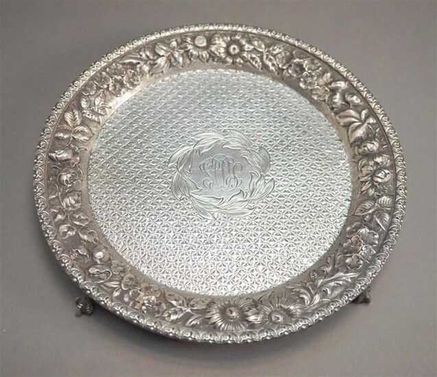 Jenkins & Jenkins Sterling Silver Repousse Border Salver, D: 9 inches, 12.5 oz