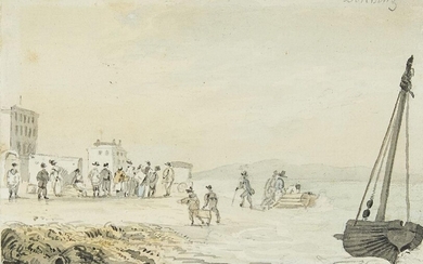 John Nixon, British c.1750-1818- Selling fish on the beach at Worthing; Off to market; the first pencil, pen and grey ink, grey wash and watercolour on paper, the second pen and grey ink, grey wash and watercolour on paper; the first signed with...