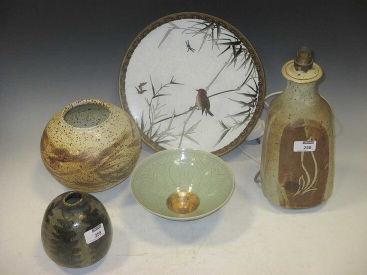 John Stromer, brown global vase, 2015; Bridget Drakeford, celadon bowl, 2012; studio pottery lamp