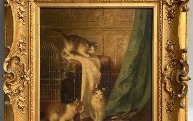 Jules LE ROY (1833-1865) Les chats Huile sur panneau signée en bas à droite 46...