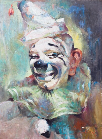 Julian Ritter (American/Polish 1909 - 2000), portrait of a smiling clown, oil on board