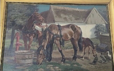 K. Hansen Reistrup: Horses drinking water. Signed K. Hansen Reistrup. Oil on canvas. 58×80 cm.