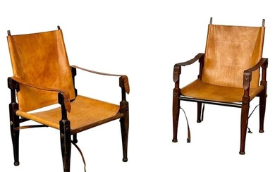 Kaare Klint, Danish Mid-Century Modern, Safari Lounge Chairs, Tan Leather, 1940s