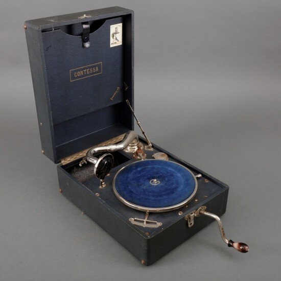 Koffergrammofoon, model Contessa, uitvoering Thorens, in blauwe koffer, 16...