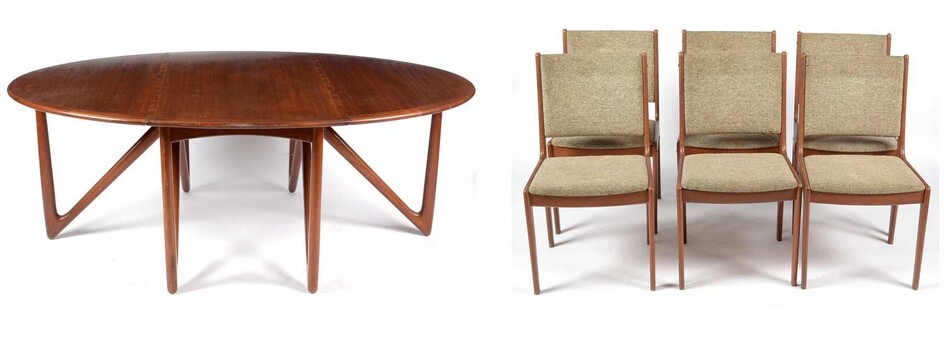 Kurt Østervig for Jason Möbelfabrik, Denmark: 'Eva' dining table; and six associated chairs.