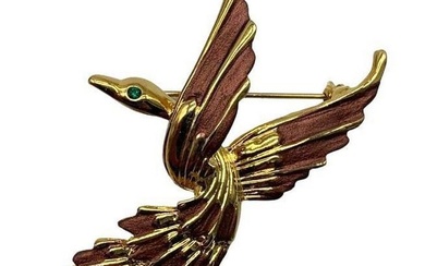 Ladies Brown & Gold Toned Bird Brooch Accented With Emerald Coloured Eye Gemstone
