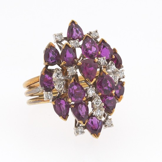 Ladies' Vintage Gold, Rubilite and Diamond Cluster Ring