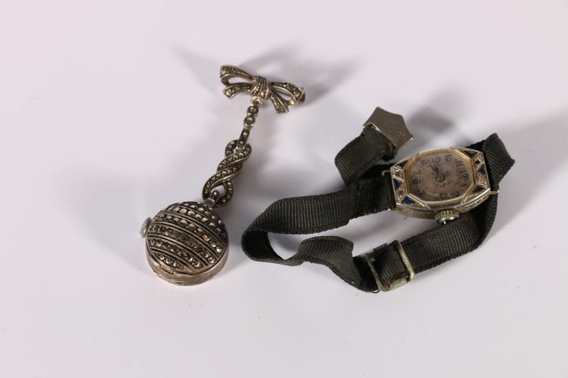 Lady's 18ct white gold watch, gem set 1924, and a marcasite ...