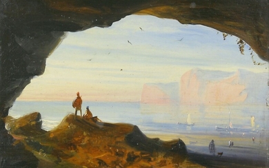 Landschaftsmaler des 19. Jh., Zwei Personen vor einer Grotte auf Felsen blickend, wohl Capri