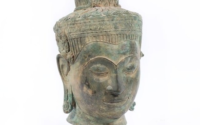 Large Asian Thai bronze head of Buddha statue on stand. 16"H x 8 1/2"W